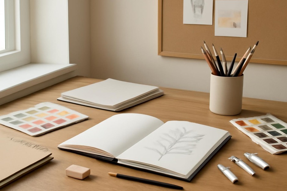 Abstract art desk with color swatches, brush marks, and sketchbook studies.