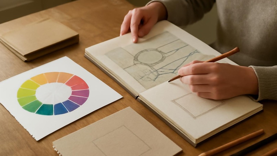 Bright studio image with paint textures, paper layers, and geometric color blocks.